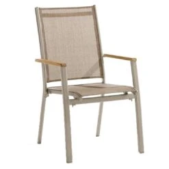 Sieger Cadiz Stapelsessel Aluminium/Textilene Mit Teakarmlehnen Champagner/Natur