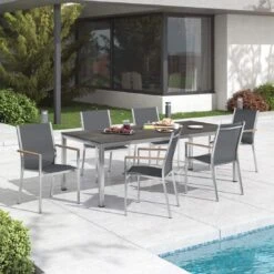 Stern Cardiff Gartenmöbelset 7-tlg. Mit Tisch 220x100 Cm Silbergrau/Zement Dunkel